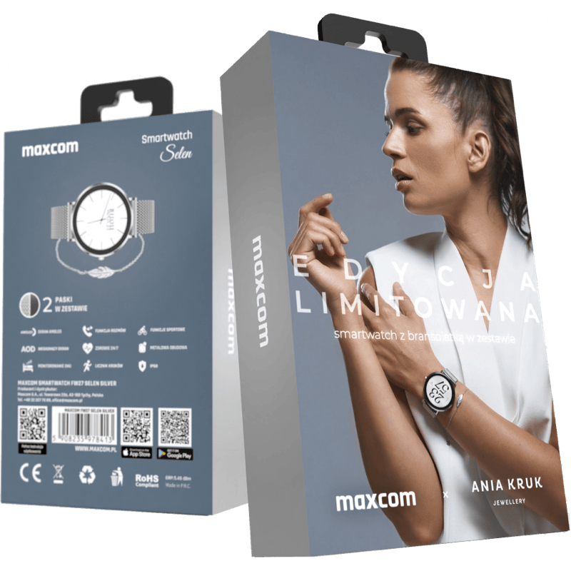 Maxcom Smartwatch FW27 Selen + bransoletka marki ANIA KRUK srebrny pudełko