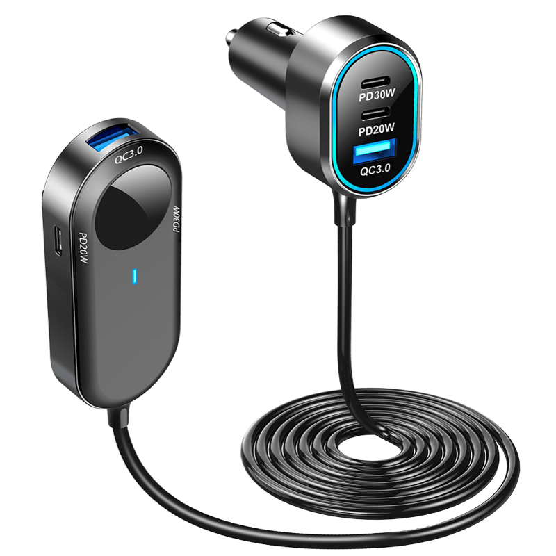 Ładowarka samochodowa WG 100W z przedłużeniem 1,5m HUB 6 portów - PD 30W czarna front
